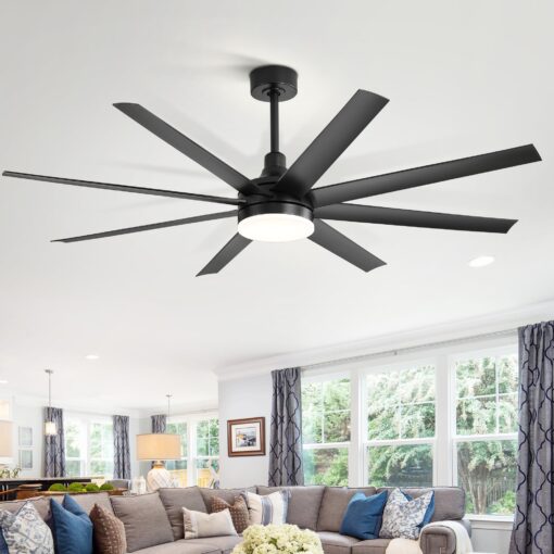 65 Inch Ceiling Fan with Light and Remote, 8-Blade, Reversible DC Motor, 6-Speed, Timer, Industrial Ceiling Fans with Led Light Chandelier for Bedroom Office (Black)