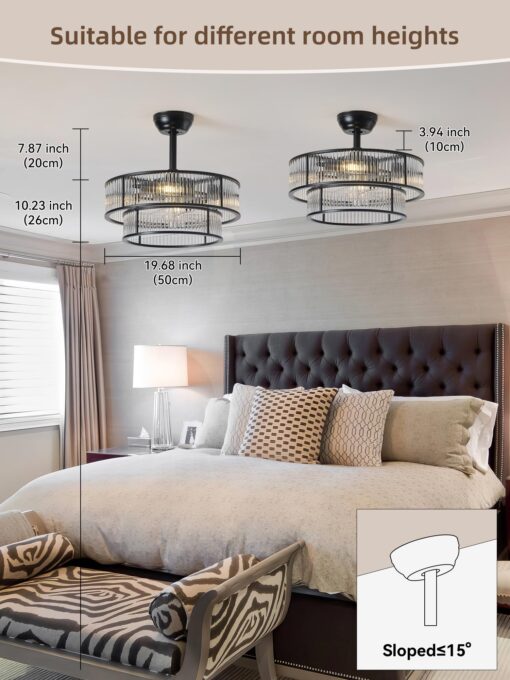 YADZSLY Black Fandelier Ceiling Fans with Lights, 20" Black Crystal Chandelier Ceiling Fan with Light Remote Control, Caged Mid Century with 6 Speeds for Bedroom, Living Room, Nursery - Image 6
