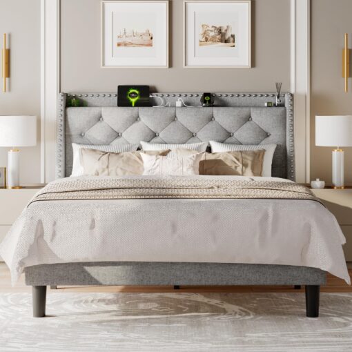 Feonase Full Size Bed Frame with Luxury Wingback and Fast Charging Station,Full Upholstered Button Tufted Storage Headboard Platform Bed,Sturdy Wooden Slats Support,Noise-Free,Easy Assembly,Light Gray - Image 6
