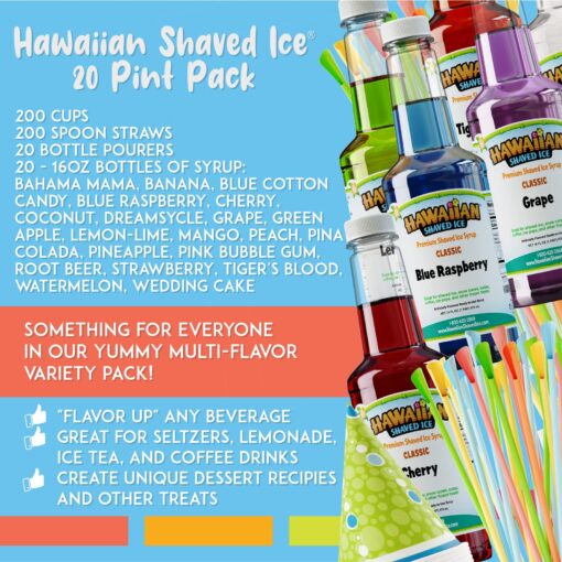 Hawaiian Shaved Ice Party Kit with 20 Syrup Flavors in 16oz. Bottles, 200 Snow Cone Cups, 200 Spoon Straws, and 20 Pouring Spouts. Great for Birthday Parties. Allergy-friendly - Image 6