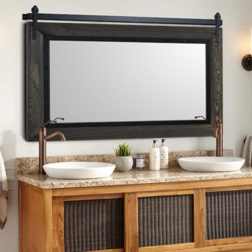 YOSHOOT Farmhouse Barn Door Mirror, 40"x26" Rustic Bathroom Mirror, Wood Frame Wall Mirror, Wooden Mirror for Living Room Bedroom Entryway Wall Décor, Horizontal Hanging ONLY - Image 4