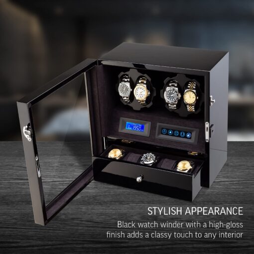 4 Watch Winder with 5 Watch Storage Space, LCD Display, Touch Control and Interior Light (Black + Black Velvet) - Image 7