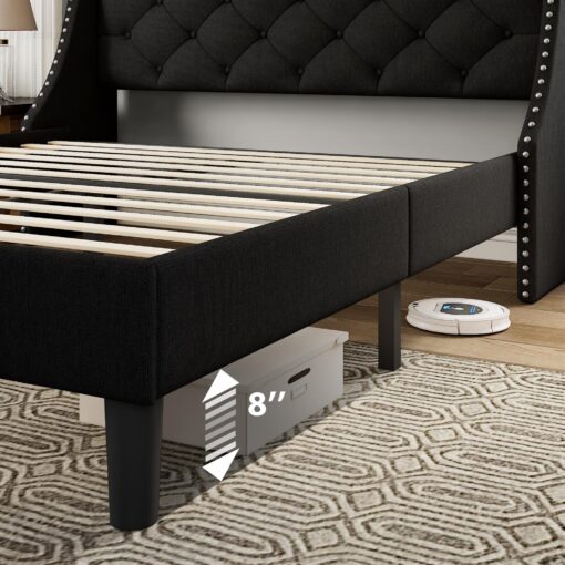 Feonase Queen Bed Frame with Luxury Wingback and Fast Charging Station,Upholstered Button Tufted Storage Headboard Platform Bed,Sturdy Wooden Slats Support,Noise-Free,Easy Assembly,Matte Black - Image 2