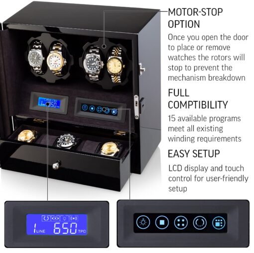 4 Watch Winder with 5 Watch Storage Space, LCD Display, Touch Control and Interior Light (Black + Black Velvet) - Image 4
