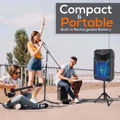 PYLE Portable Bluetooth PA Speaker System - 1200W Outdoor Bluetooth Speaker Portable PA System w/ Microphone In, Party Lights, MP3/USB SD Card Reader FM Radio, Rolling Wheels - Mic, Remote PPHP152SM - Image 3