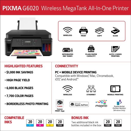 Canon PIXMA G6020 All-in-One Supertank Wireless (Megatank) Printer, Copier and Scan with Mobile Printing, Black, Works with Alexa - Image 3