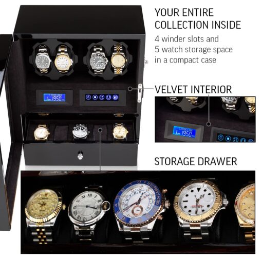 4 Watch Winder with 5 Watch Storage Space, LCD Display, Touch Control and Interior Light (Black + Black Velvet) - Image 3