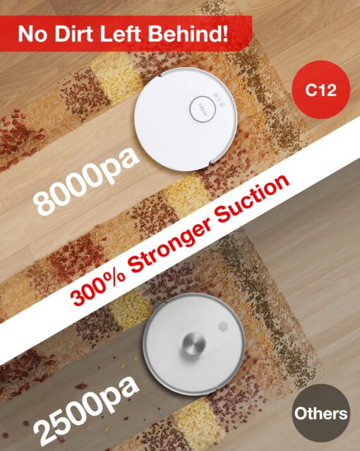 Yeedi C12 Robot Vacuum Cleaner and Mop, 8000Pa Strong Suction, ZeroTangle Brush, Smart Navigation, Self-Charging, White - Image 6