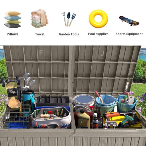 YITAHOME 150 Gallon Large Deck Box w/Divider, XL Waterproof Outdoor Storage for Patio Furniture,Outdoor Cushions, Garden Tools, Sports Equipment and Pool Supplies, Resin, Lockable, Taupe - Image 3