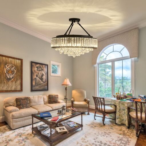 YYJLX 6-Light Modern Large Crystal Chandelier Black Metal E26 Semi Flush Mount Round Light Fixture Ceiling Lamp Farmhouse for Dining Living Room Laundry Foyer Kitchen Balcony Bedroom - Image 4