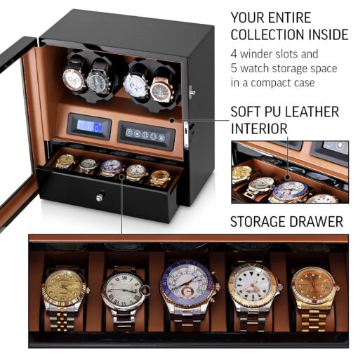 4 Watch Winder with 5 Watch Storage Space, LCD Display, Touch Control and Interior Light (Black + Brown) - Image 3
