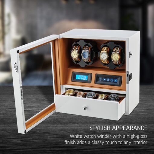 4 Watch Winder with 5 Watch Storage Space, LCD Display, Touch Control and Interior Light (White + Brown) - Image 8