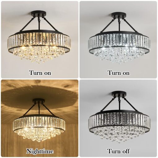 YYJLX 6-Light Modern Large Crystal Chandelier Black Metal E26 Semi Flush Mount Round Light Fixture Ceiling Lamp Farmhouse for Dining Living Room Laundry Foyer Kitchen Balcony Bedroom - Image 8