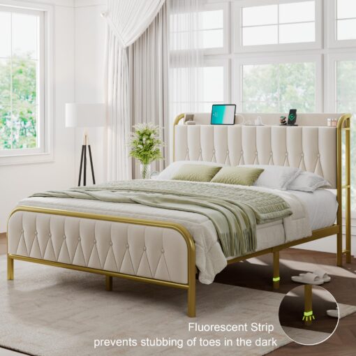 Feonase Velvet Queen Bed Frame with Fast Charging Station,Metal Platform Queen Size Beds with Upholstered Headboard & Footboard,12" Underbed Storage Space,Easy Assembly,Gold&Beige - Image 6