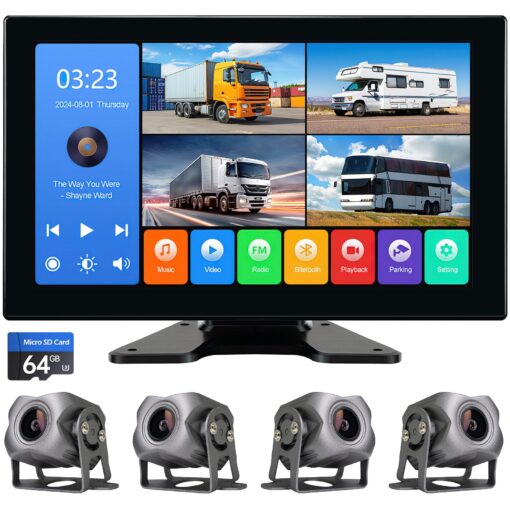 4 Channel 1080p Backup Camera Dash Cam for RV/Truck/Trailer/Van/SUV/Cars,10.2 Inch Touch Screen Quad Split Parking Monitor with DVR Recording/Playback/Bluetooth/FM Radio/Music/Video Player