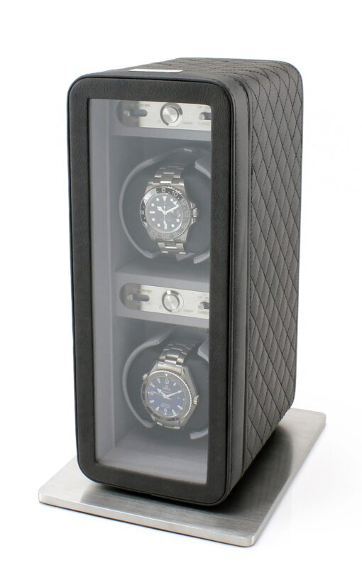 Heiden Monaco Double Watch Winder in Black Leather - Battery Powered or AC Adapter, 12 Program Settings, Diamond Stitched Vegan Leather, Soft Linen Interior, Large Interior Space for Large Watches - Image 6