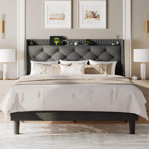 Feonase Full Size Bed Frame with Luxury Wingback and Fast Charging Station,Full Upholstered Button Tufted Storage Headboard Platform Bed,Sturdy Wooden Slats Support,Noise-Free, Easy Assembly,Dark Gray - Image 2