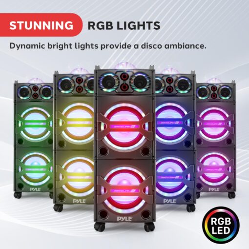 Pyle Portable Bluetooth PA Speaker System - 2000W Active powered Outdoor Bluetooth Speaker Portable PA System w/ Microphone In, Party Lights, USB SD Card Reader, AUX/RCA/FM Radio, Wheels - PSUFM1043BT - Image 6