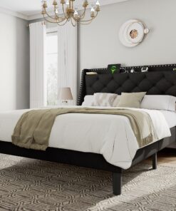 Feonase Queen Bed Frame with Luxury Wingback and Fast Charging Station,Upholstered Button Tufted Storage Headboard Platform Bed,Sturdy Wooden Slats Support,Noise-Free,Easy Assembly,Matte Black