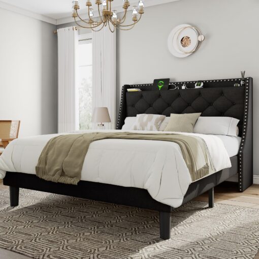 Feonase Queen Bed Frame with Luxury Wingback and Fast Charging Station,Upholstered Button Tufted Storage Headboard Platform Bed,Sturdy Wooden Slats Support,Noise-Free,Easy Assembly,Matte Black