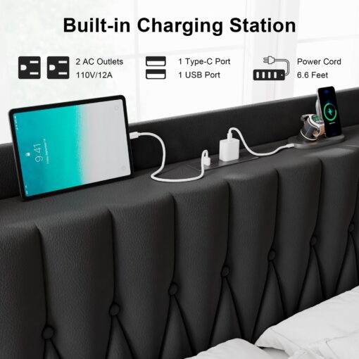 Feonase Leather Queen Bed Frame with Fast Charging Station,Queen Size Metal Platform Beds with Upholstered Headboard & Footboard,12" Underbed Storage Space,Easy Assembly,Noise-Free,Black - Image 5