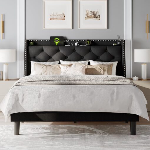 Feonase Full Size Bed Frame with Luxury Wingback and Fast Charging Station,Full Upholstered Button Tufted Storage Headboard Platform Bed,Sturdy Wooden Slats Support,Noise-Free,Easy Assembly,Black - Image 2