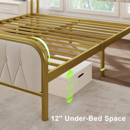 Feonase Velvet Queen Bed Frame with Fast Charging Station,Metal Platform Queen Size Beds with Upholstered Headboard & Footboard,12" Underbed Storage Space,Easy Assembly,Gold&Beige - Image 3