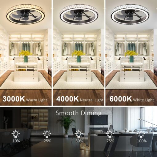 Aipsun Low Profile Modern Crystal Chandelier Ceiling Fans with Lights and Remote, 3000K-6500K Smart Bladeless LED Fan Light, 22" Black Modern Ceiling Fans with Lights for Bedroom - Image 4