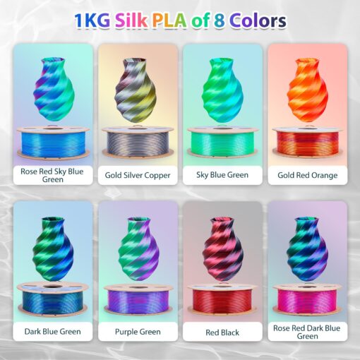 3Dgenius 3D Printer Filament Bundle Silk PLA Filament 1.75mm Pack 3D Printing Filament Pack Silk PLA 3D Printer Filament Fit Most FDM Printers, 1KG X 8 Spools, Totally 8KG - Image 7