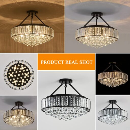 YYJLX 6-Light Modern Large Crystal Chandelier Black Metal E26 Semi Flush Mount Round Light Fixture Ceiling Lamp Farmhouse for Dining Living Room Laundry Foyer Kitchen Balcony Bedroom - Image 6