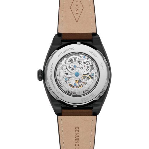 Fossil Men's Everett Automatic Stainless Steel and Leather Three-Hand Watch, Color: Black, Brown (Model: ME3207) - Image 5