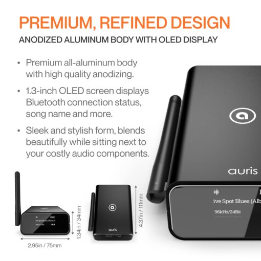 Auris Blume Pro HiFi Bluetooth 5.3 Music Receiver Long Range Bluetooth Adapter with Audiophile DAC, LDAC, aptX HD, OLED Display & Optical Coaxial AUX Output for Home Stereo, AV Receiver or Amplifier - Image 2