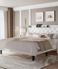 Feonase King Size Bed Frame with Velvet Luxury Wingback Upholstered Button Tufted Storage Headboard, King Platform Bed with Charging Station, Sturdy Wooden Slats Support, Easy Assembly, White