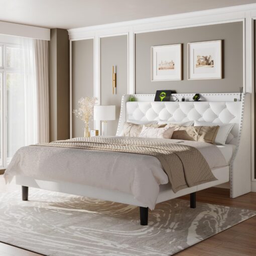 Feonase King Size Bed Frame with Velvet Luxury Wingback Upholstered Button Tufted Storage Headboard, King Platform Bed with Charging Station, Sturdy Wooden Slats Support, Easy Assembly, White