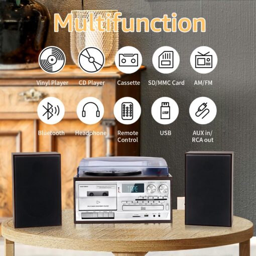 3-Speed Turntable 10 in 1Record Player with Bluetooth, AM/FM Radio, USB/SD/MMC, CD/Cassette Playback, Remote Control, and 2 External Speakers – Great for Gifting - Image 8