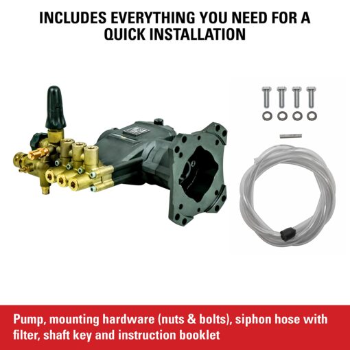 AAA 90034 Horizontal Triplex Plunger Replacement Pressure Washer Pump Kit, 4400 PSI, 4.0 GPM, 1" Shaft, Includes Hardware and Siphon Tube, for Industrial Gas Powered Machines, Black - Image 4