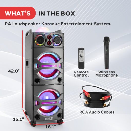 Pyle Portable Bluetooth PA Speaker System - 2000W Active powered Outdoor Bluetooth Speaker Portable PA System w/ Microphone In, Party Lights, USB SD Card Reader, AUX/RCA/FM Radio, Wheels - PSUFM1043BT - Image 2