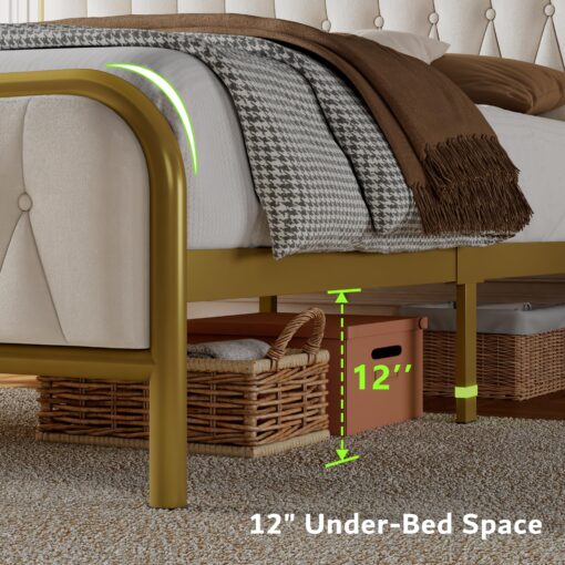 Feonase Queen Bed Frame with Type-C & USB Port, Metal Platform Beds, with Velvet Upholstered Headboard & Footboard, 12" Underbed Storage Space, Easy Assembly, Noise-Free, Beige - Image 3