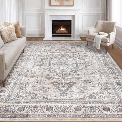 9x12 Area Rug Living Room: Washable Boho Large Neutral Vintage Soft Rugs Stain Resistant Farmhouse Non Slip Indoor Floor Carpet for Bedroom Nursery Kids Playroom Office Dining Room Home- Ivory Gray