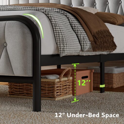 Feonase Velvet Queen Bed Frame with Fast Charging Station,Queen Size Metal Platform Beds with Upholstered Headboard & Footboard,12" Underbed Storage Space,Easy Assembly,Noise-Free,Grey - Image 3