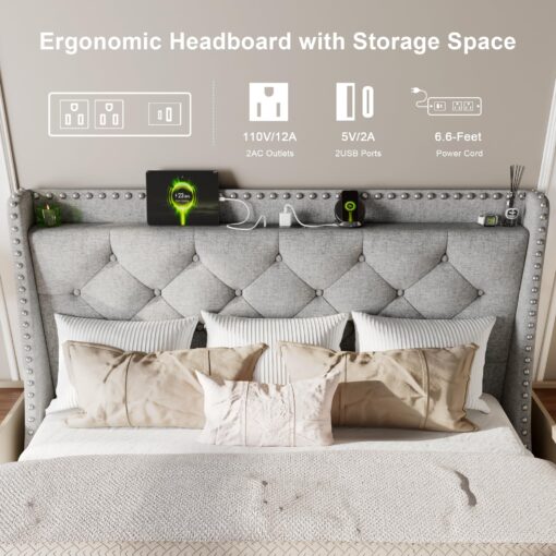 Feonase Full Size Bed Frame with Luxury Wingback and Fast Charging Station,Full Upholstered Button Tufted Storage Headboard Platform Bed,Sturdy Wooden Slats Support,Noise-Free,Easy Assembly,Light Gray - Image 5