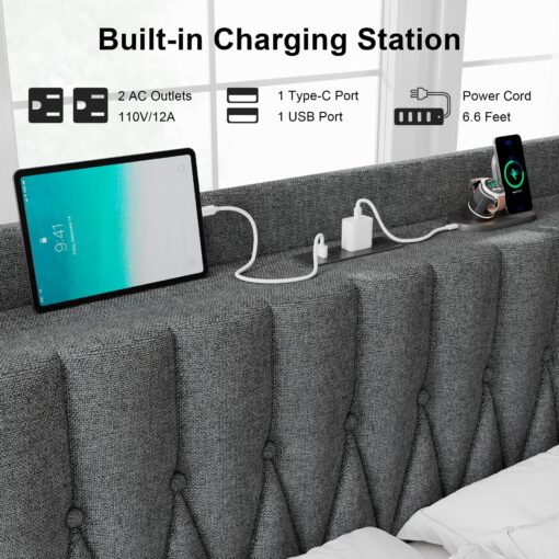 Feonase Linen Queen Bed Frame with Fast Charging Station,Queen Metal Platform Beds with Upholstered Headboard & Footboard,12" Underbed Storage Space,Easy Assembly,Noise-Free,Black Gray - Image 5