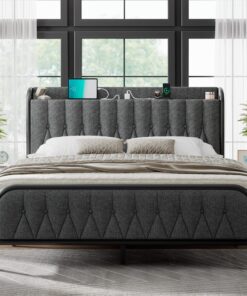 Feonase Full Bed Frame with Type-C & USB Port, Metal Platform Beds, with Linen Upholstered Headboard & Footboard, 12" Underbed Storage Space, Easy Assembly, Noise-Free, Dark Gray