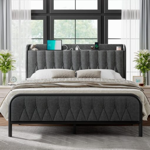Feonase Full Bed Frame with Type-C & USB Port, Metal Platform Beds, with Linen Upholstered Headboard & Footboard, 12" Underbed Storage Space, Easy Assembly, Noise-Free, Dark Gray
