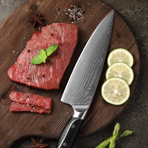 18 Pieces Damascus Kitchen Knife Set, 8 Piece Steak Knives, Non-slip ABS Ergonomic Triple Rivet Handle for Meat Fork, Knife Sharpener and Shears, 17 Slots Fraxinus Manchuria Knife Block (Grey) - Image 5