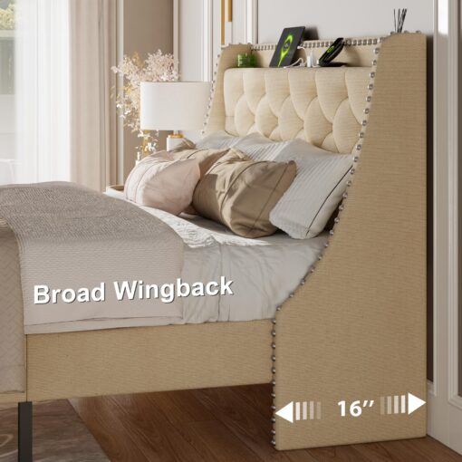 Feonase Full Size Bed Frame with Luxury Wingback and Fast Charging Station,Full Upholstered Button Tufted Storage Headboard Platform Bed, Sturdy Wooden Slats Support, Noise-Free, Easy Assembly, Beige - Image 5
