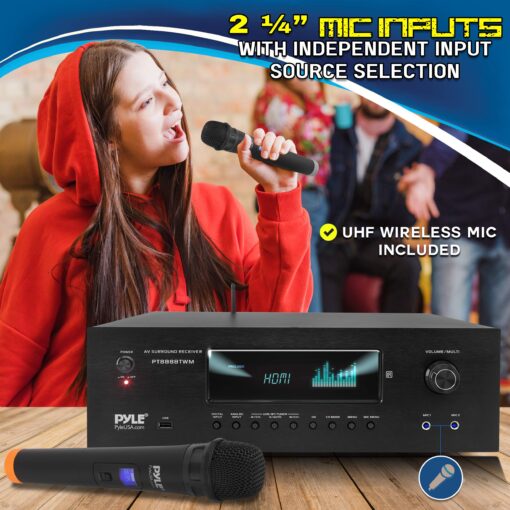 Pyle 1000W Bluetooth Home Theater Karaoke Receiver - 5.2-Ch Stereo Amplifier 2 UHF Wireless Microphone Video Pass-Through Supports, MP3/USB/HDMI/AM/FM Radio - PT888BTWM.5 - Image 5