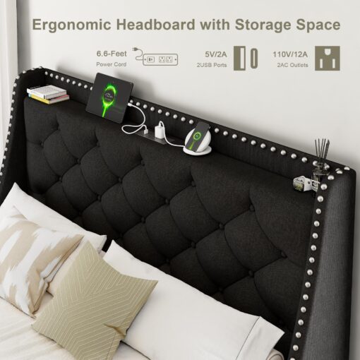 Feonase Queen Bed Frame with Luxury Wingback and Fast Charging Station,Upholstered Button Tufted Storage Headboard Platform Bed,Sturdy Wooden Slats Support,Noise-Free,Easy Assembly,Matte Black - Image 5