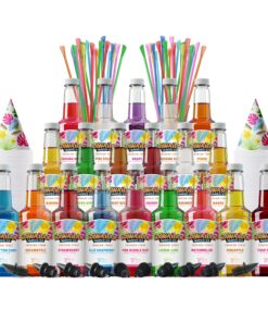 Hawaiian Shaved Ice Party Kit with 20 Syrup Flavors in 16oz. Bottles, 200 Snow Cone Cups, 200 Spoon Straws, and 20 Pouring Spouts. Great for Birthday Parties. Allergy-friendly