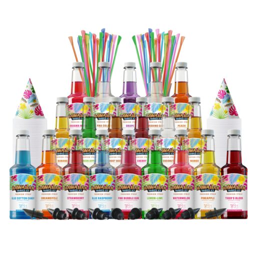 Hawaiian Shaved Ice Party Kit with 20 Syrup Flavors in 16oz. Bottles, 200 Snow Cone Cups, 200 Spoon Straws, and 20 Pouring Spouts. Great for Birthday Parties. Allergy-friendly